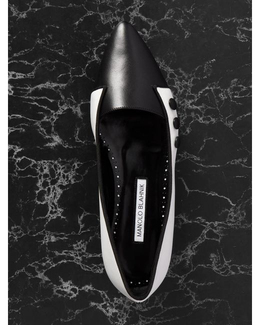 Manolo Blahnik White Seleuka Button-Embellished Leather Point-Toe Flats
