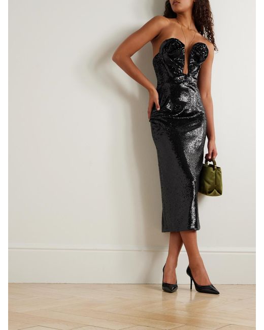 Carolina Herrera Black Strapless Sequined Tulle Midi Dress
