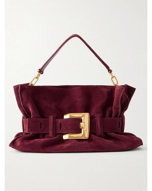 Balmain Red Anthem Buckled Suede Shoulder Bag