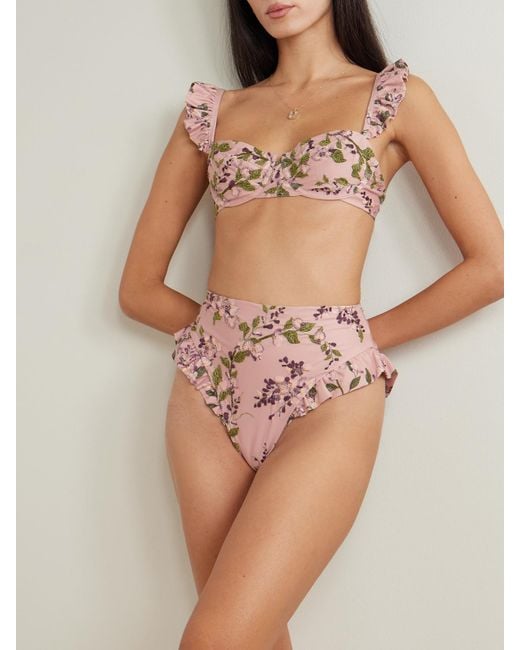 Agua Bendita Pink Kiwi Wisteria Ruffled Embroidered Floral-Print Underwired Recycled Bikini Top