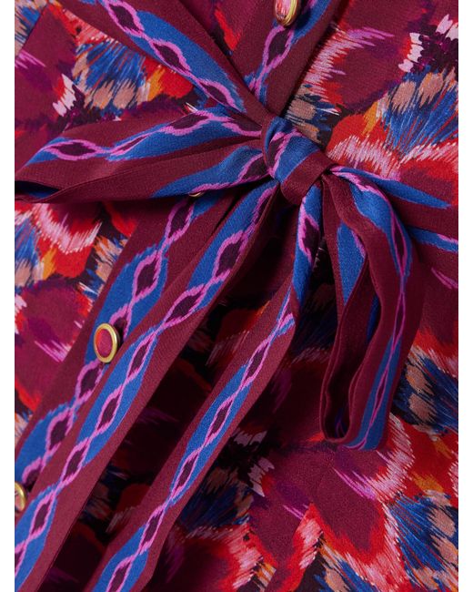 Saloni Purple Vanessa-D Belted Printed Silk Midi Shirt Dress