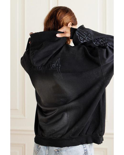 Balenciaga Oversized Distressed Printed Cotton-jersey Hoodie in Black | Lyst
