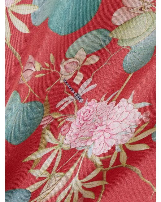 Emporio Sirenuse Red Laurelle Dragonfly Floral-Print Silk-Twill Maxi Skirt