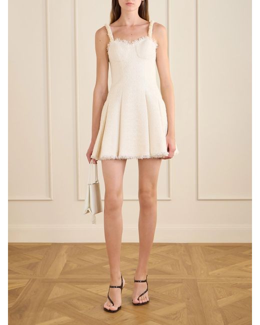 Balmain Natural Embellished Pleated Tweed Mini Dress