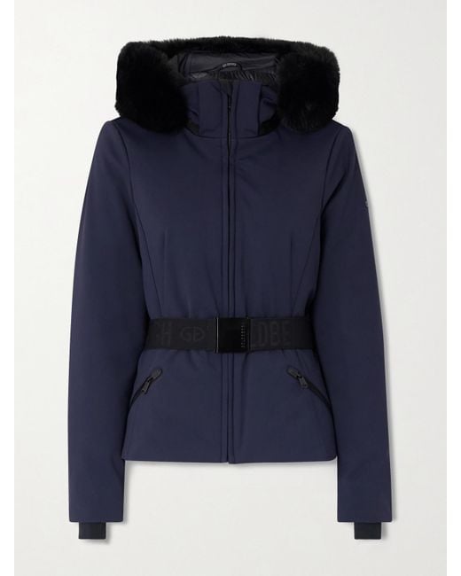 Goldbergh Blue Hida Hooded Belted Plush-Trimmed Padded Down Ski Jacket