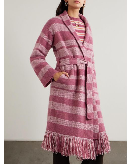The Elder Statesman Pink Subway Belted Fringed Striped Cashmere Cardigan