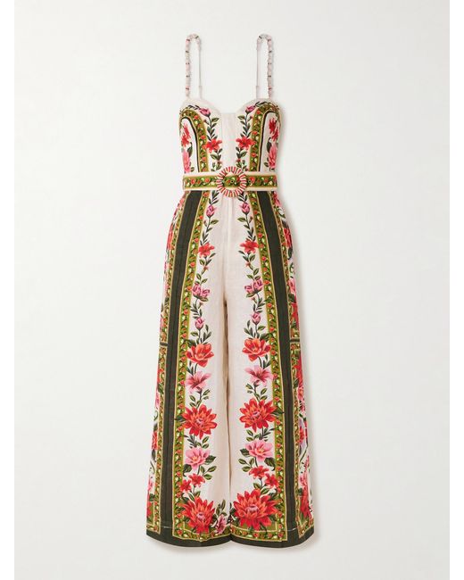 Farm Rio White Wonder Rio Belted Embellished Printed Linen Jumpsuit