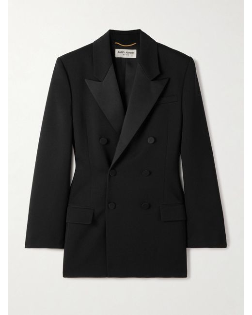 Saint Laurent Black Double-Breasted Twill-Trimmed Grain De Poudre Wool Blazer