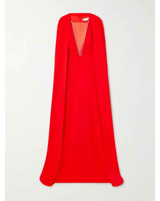 Stella McCartney Red Cape-Effect Tulle-Trimmed Crystal-Embellished Crepe Gown