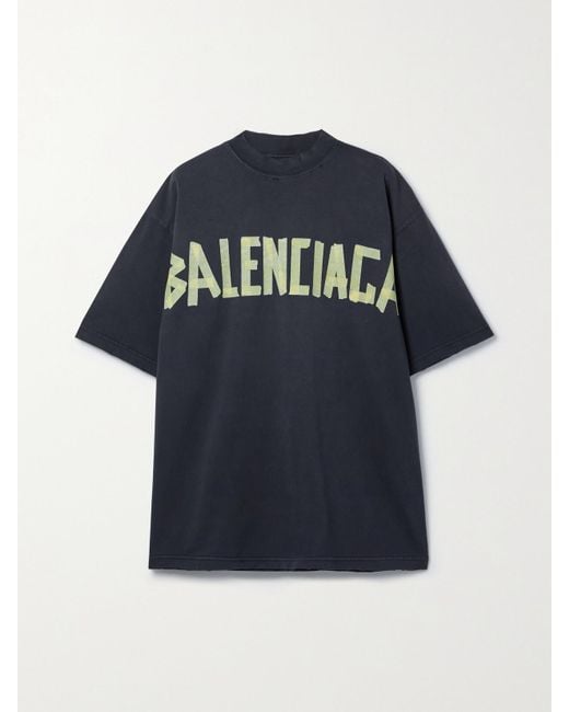 Balenciaga Blue Oversized Distressed Printed Cotton-Jersey T-Shirt