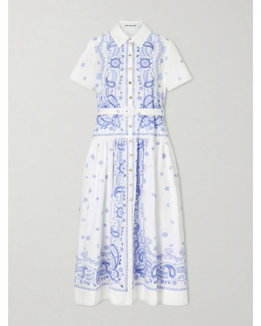 Self-Portrait Blue Belted Embroidered Cotton-Poplin Midi Shirt Dress