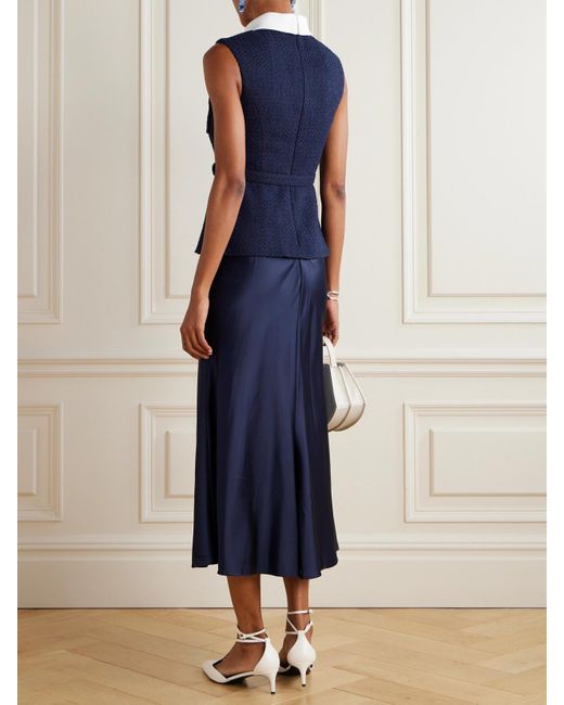 Self-Portrait Blue Belted Crepe-Trimmed Bouclé And Satin Midi Dress