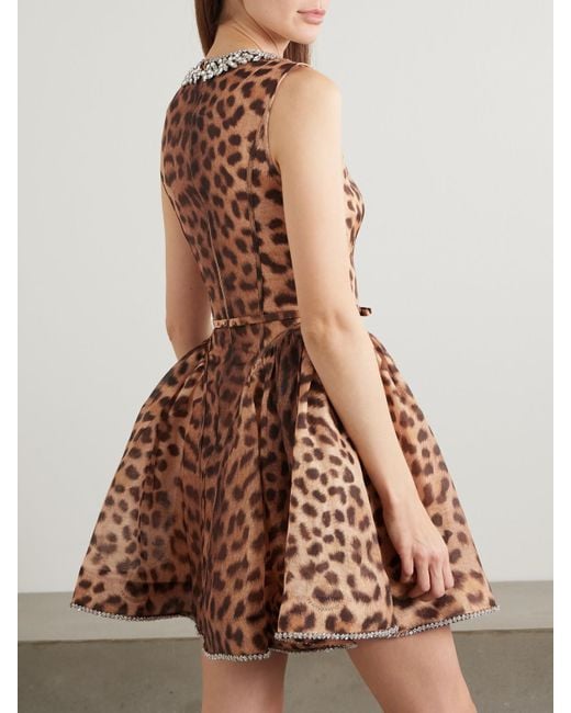 Zimmermann Brown Crush Minikleid Aus Einer Leinen-Seidenmischung Mit Leopardenprint Und Kristallen