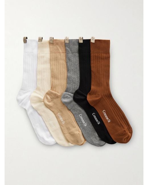 Comme Si Natural The Yves Set Of Six Ribbed Cotton-Blend Socks