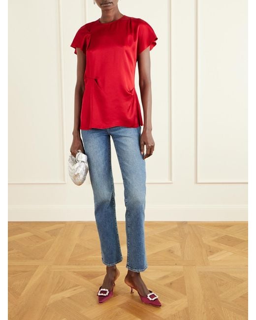 Manolo Blahnik Red Mayjou 50 Mules Aus Satin Mit Kristallen