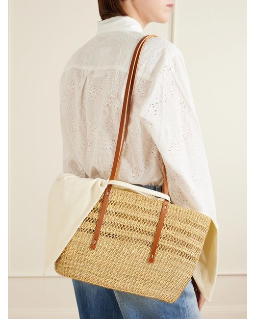 Muuñ Natural Bicro M Leather-Trimmed Woven Straw Tote