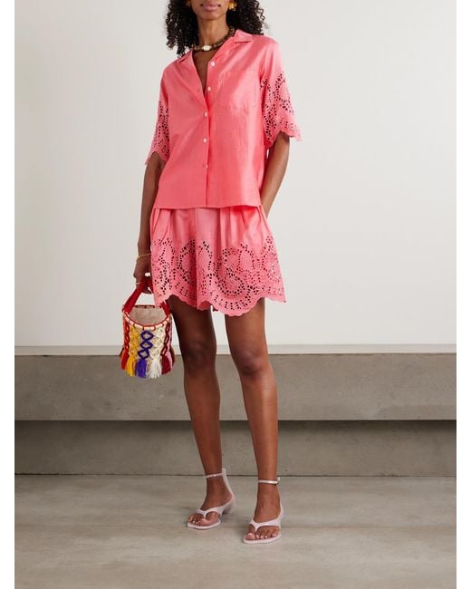 Thierry Colson Pink Kenya Pleated Broderie Anglaise Cotton And Silk-Blend Shorts