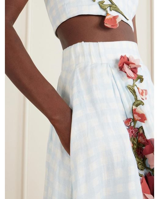 Agua Bendita White Delta Floral-Appliqué Checked Linen Maxi Skirt