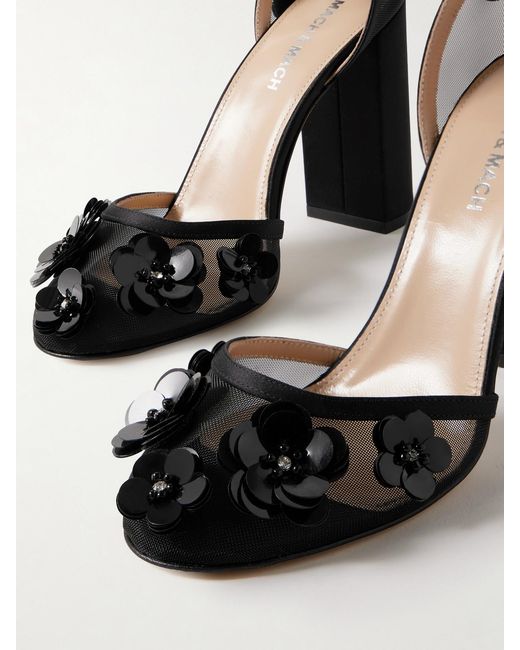 Mach & Mach Black Satin-Trimmed Embellished Mesh Pumps