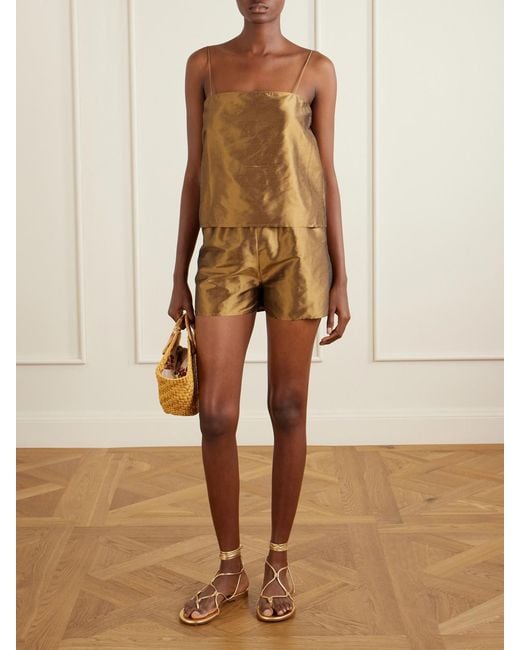 SARA CRISTINA Natural Playa Pearl-Embellished Silk-Shantung Shorts