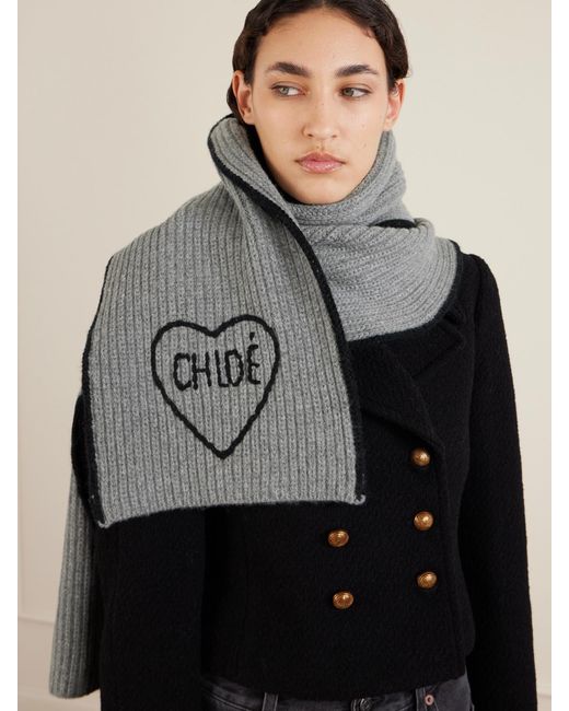 Chloé Gray Embroidered Ribbed Wool And Cashmere-Blend Scarf