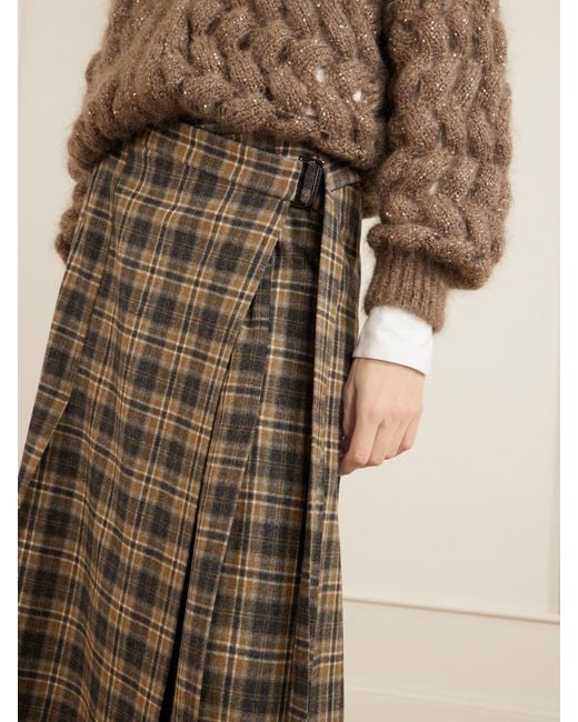 Brunello Cucinelli Natural Checked Wool-Blend Wrap Midi Skirt