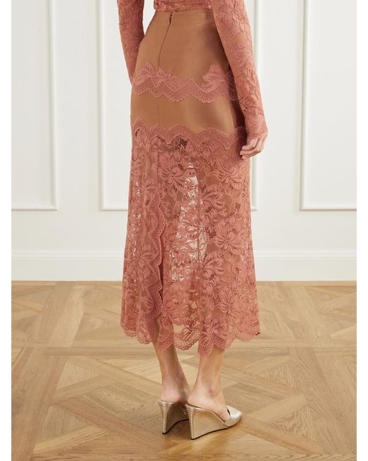 Rabanne Pink Lace-Trimmed Stretch-Satin Midi Skirt