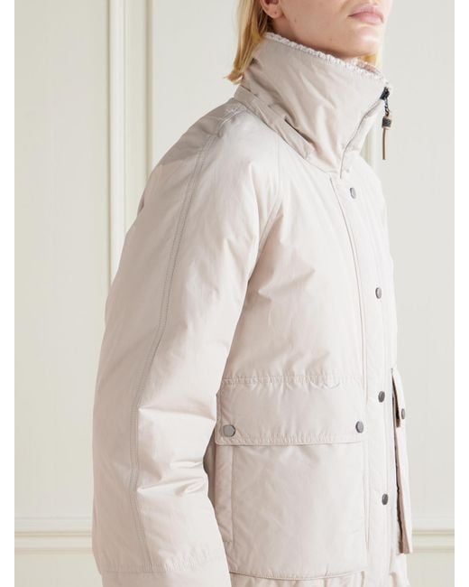 Brunello Cucinelli Natural Hooded Ribbed-Knit And Shearling-Trimmed Bead-Embellished Padded Shell Down Jacket