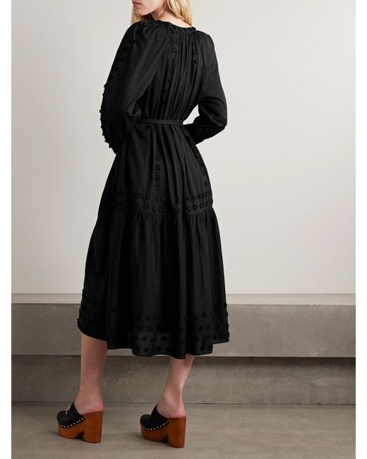 Ulla Johnson Black Emera Belted Appliquéd Cotton-Voile Midi Dress