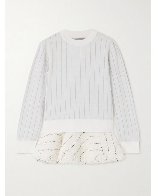 Sacai White Layered Striped Cotton And Bouclé-Tweed Sweater
