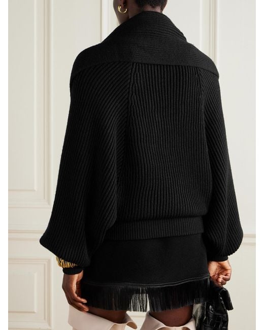 Pull À Capuche Effet Cache-Cœur En Laine Côtelée Balmain en coloris Black