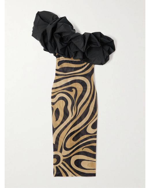 Emilio Pucci Black Marmo One-Shoulder Ruffled Cotton Poplin-Trimmed Printed Mesh Maxi Dress