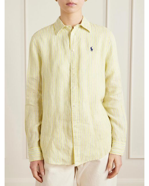 Polo Ralph Lauren Yellow Embroidered Striped Linen Shirt
