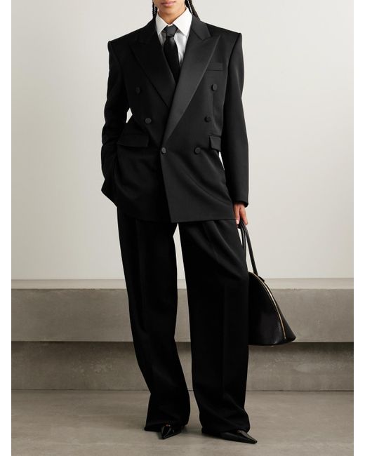 Saint Laurent Black Double-Breasted Satin-Trimmed Wool Blazer