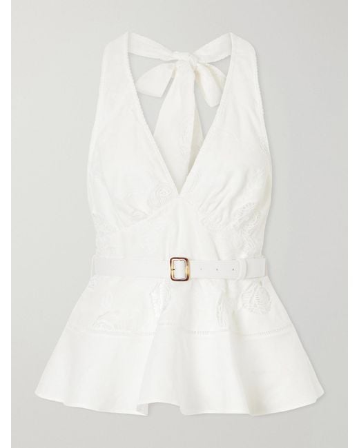 Self-Portrait White Belted Embroidered Linen And Cotton-Blend Peplum Top