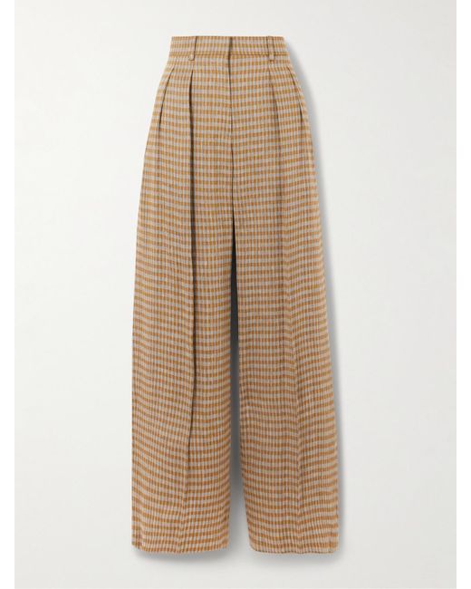 The Row Natural Sherry Pleated Checked Linen-Blend Wide-Leg Pants