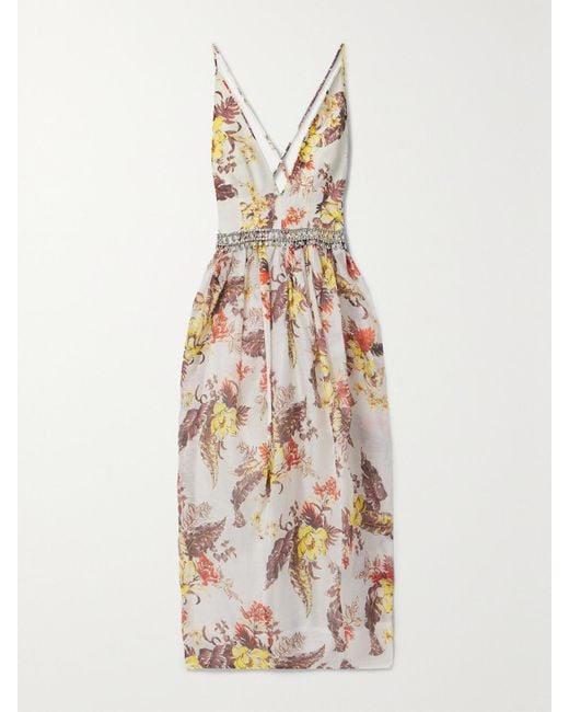 Zimmermann White Matchmaker Embellished Floral-Print Linen And Silk-Blend Midi Dress