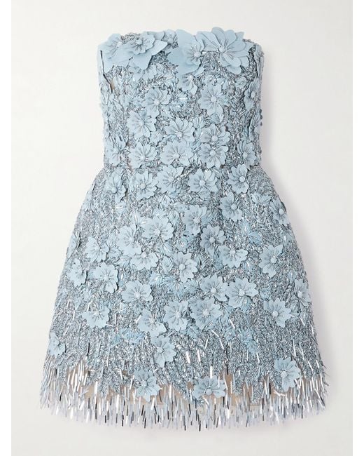 Oscar de la Renta Blue Embellished Raffia Mini Dress