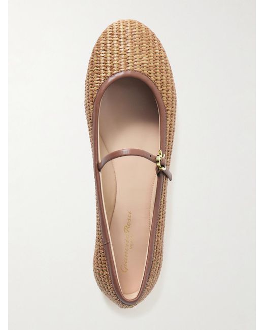 Gianvito Rossi White Carla Leather-Trimmed Raffia Mary Jane Ballet Flats