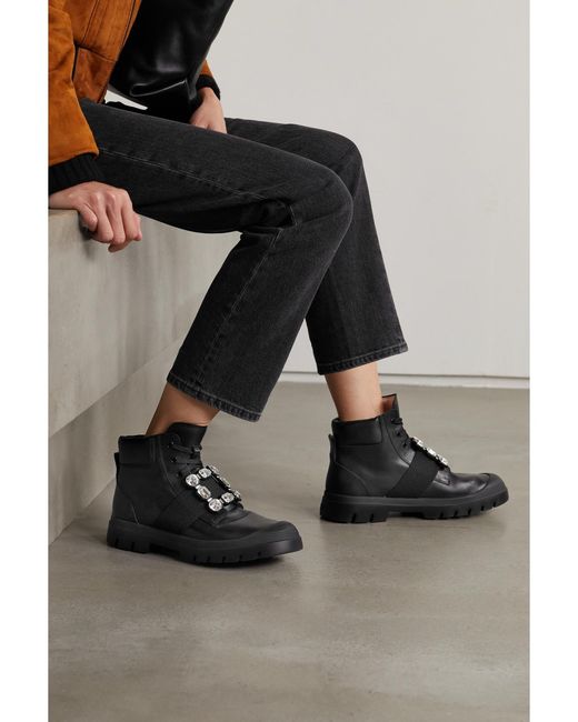 Roger Vivier Black Walky Viv' Crystal-Embellished Leather Ankle Boots