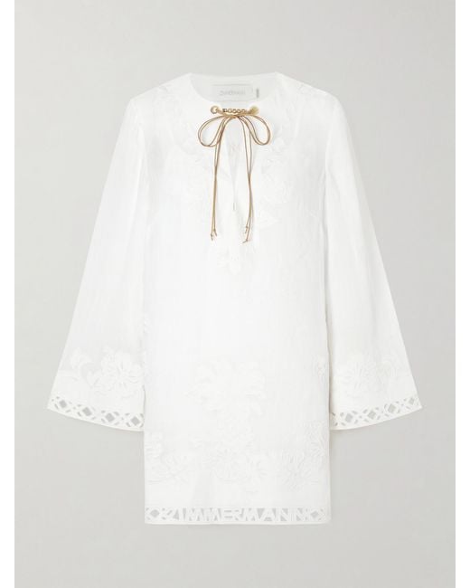 Zimmermann White Indra Embroidered Ramie Mini Dress