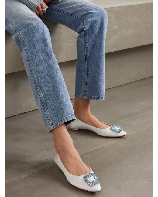 Manolo Blahnik Natural Hangisiflat Crystal-Embellished Satin Point-Toe Flats