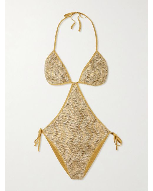 Missoni Natural Mare Cutout Sequin-Embellished Striped Metallic Crochet-Knit Swimsuit