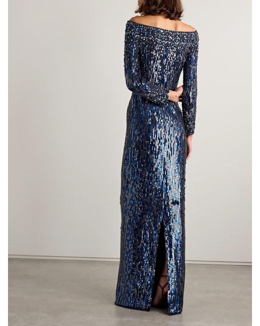 Jenny Packham Blue Schulterfreie Robe Aus Tüll Mit Kristallen Und Pailletten