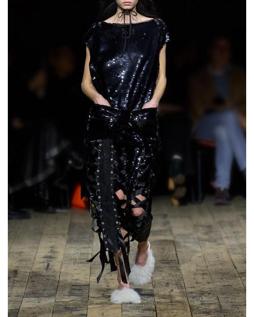 Simone Rocha Black Unraveling Ribbon Ring Asymmetric Embellished Lace And Satin Midi Skirt