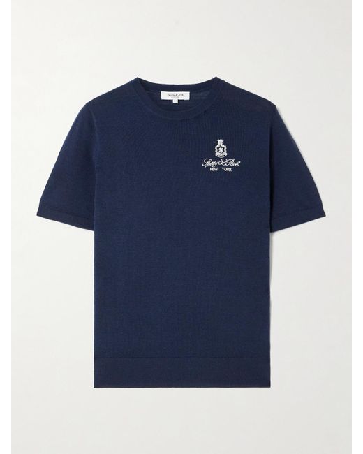 Sporty & Rich Blue Vendome Embroidered Merino Wool T-Shirt