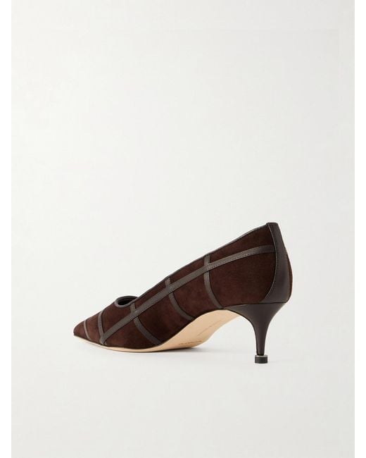 Manolo Blahnik Brown Marenpla 50 Leather-Trimmed Suede Pumps