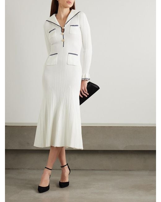 Self-Portrait White Striped Ribbed-Knit Midi Dress