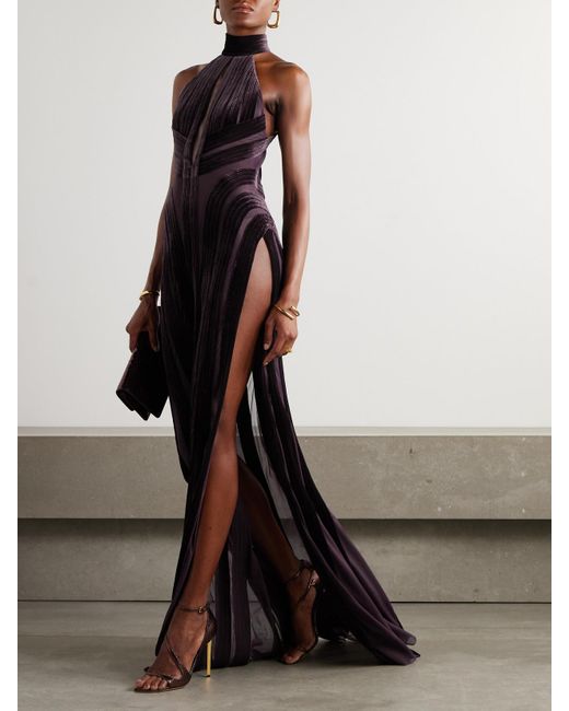 Tom Ford Purple Open-Back Cutout Paneled Tulle And Velvet Halterneck Gown