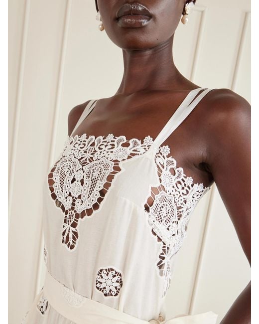 Miguelina White Esme Belted Guipure Lace-Trimmed Cotton-Blend Midi Dress